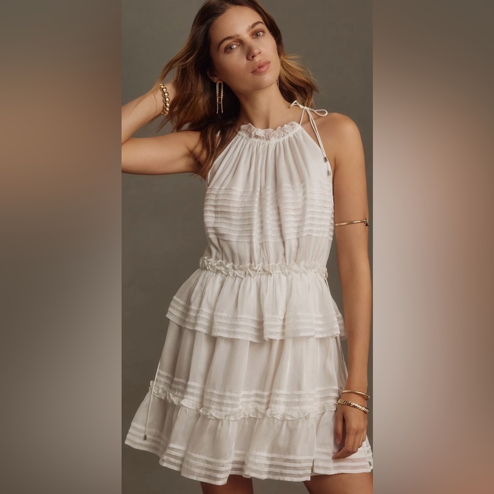 NWT Anthropologie Let Me Be Halter Tie-Neck Tiered Mini Dress Size Large
